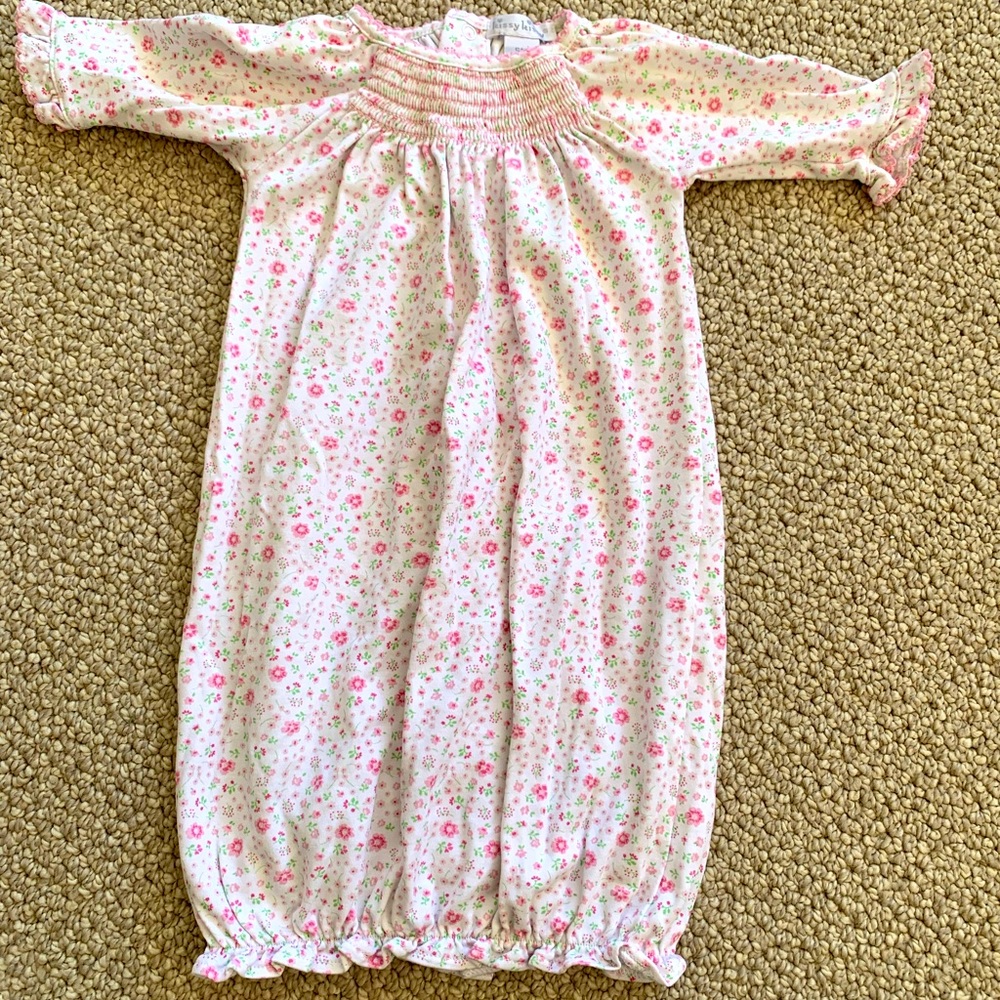 Kissy kissy smocked sleepgown, size SM (0-3 months)